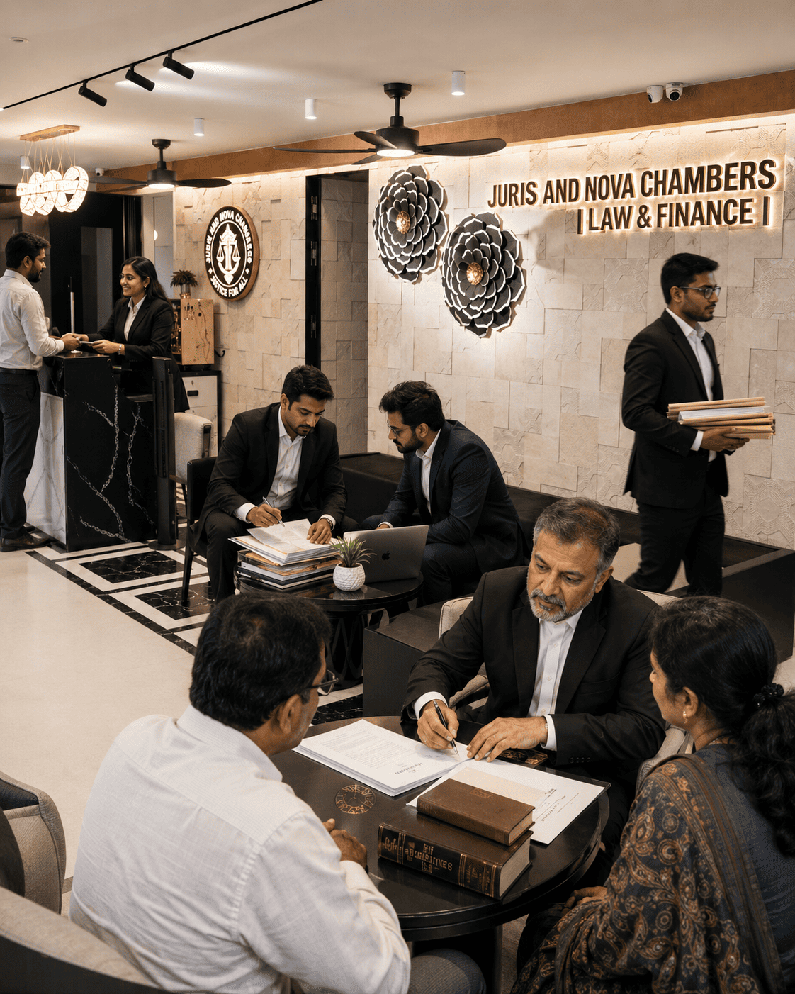 Juris & Nova Chambers Chennai office reception with advocates in consultation